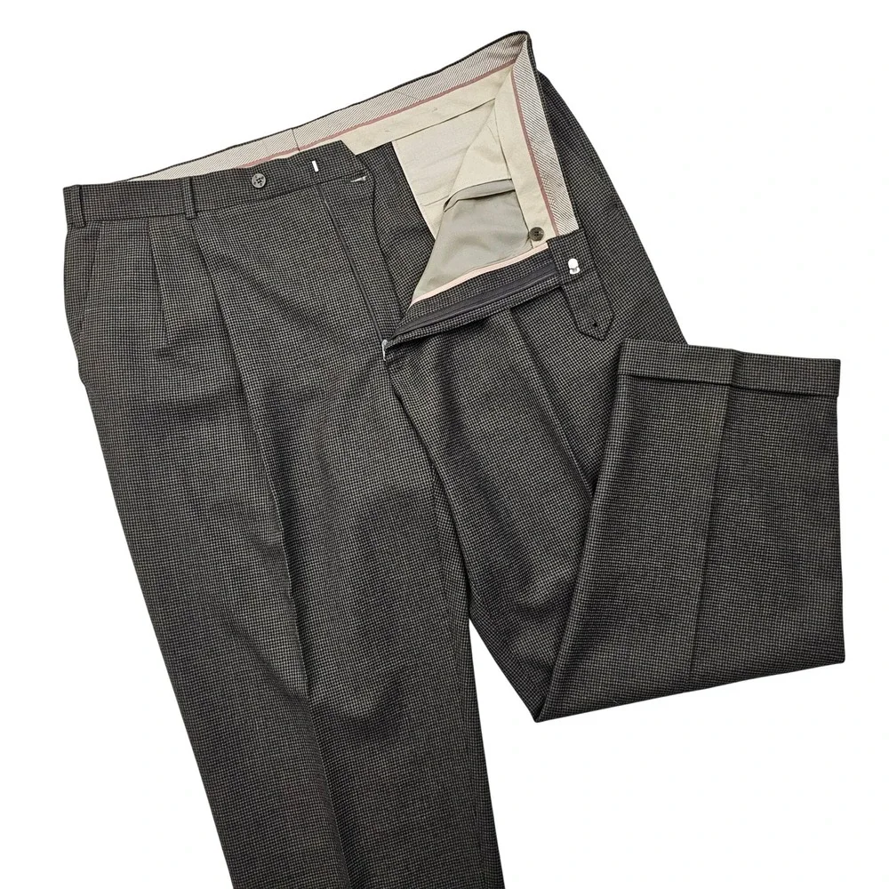 Ballin Dress Pants Mens 40 Brown Wool Cashmere Pleated Cuffed Houndstooth Preppy